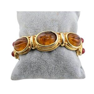 Fab 80s Signed Etruscan Style Cuff Bracelet With Melon Glass Cabochons (A7916)